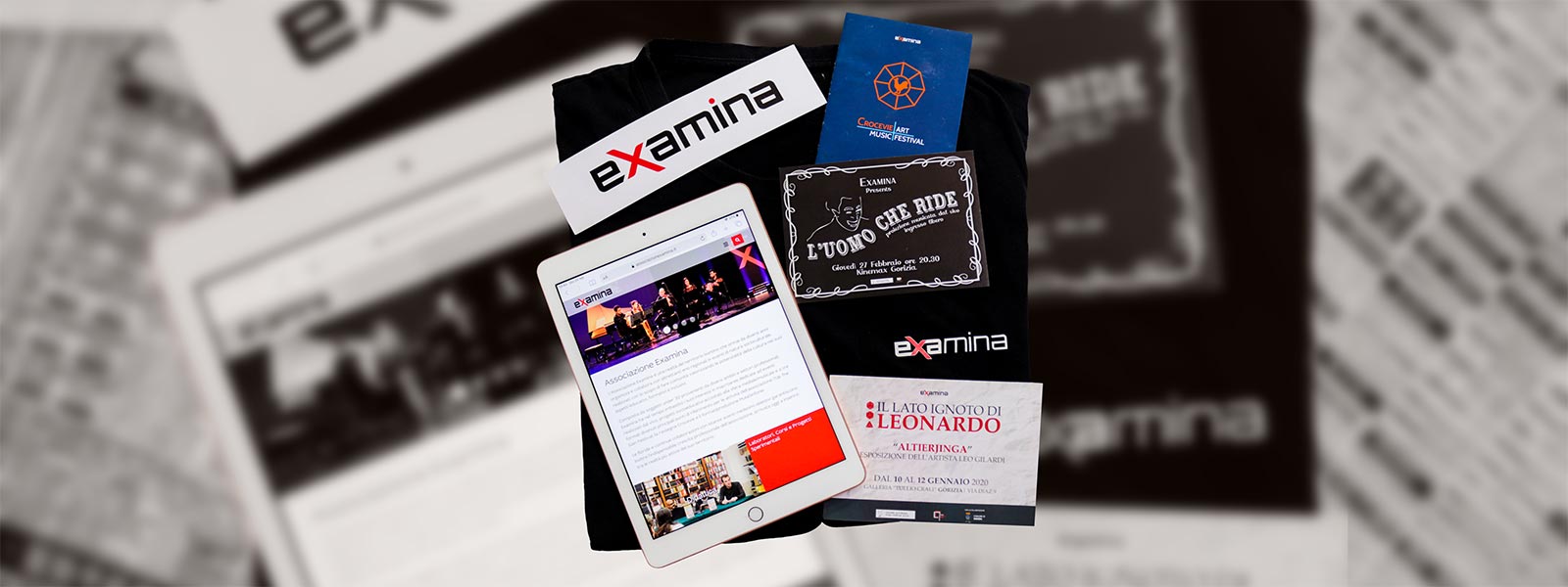 T-shirt, gadget e volantini degli eventi organizzati dall'Associazione Examina.